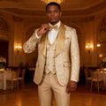 Costume de smoking formel 3 pièces en jacquard champagne pour homme avec blazer à revers châle, idéal pour le marié, le témoin ou les smoking pour soirée