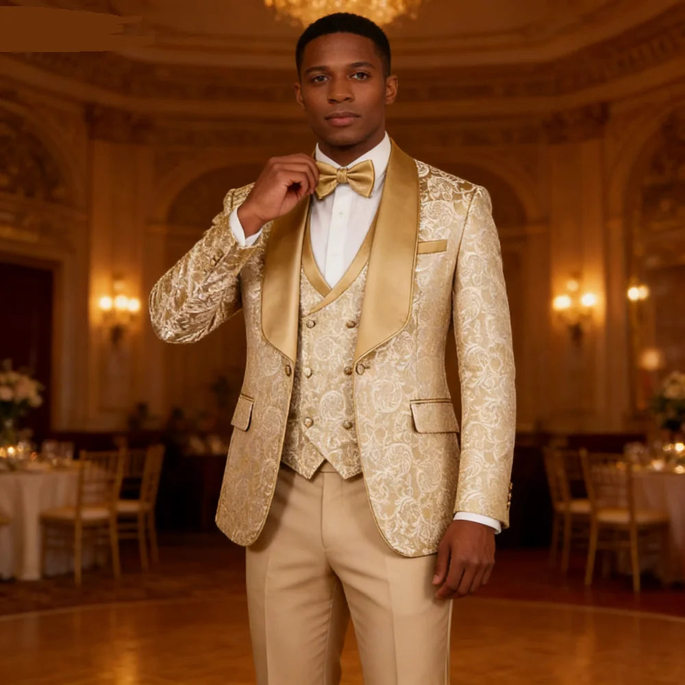 Costume de smoking formel 3 pièces en jacquard champagne pour homme avec blazer à revers châle, idéal pour le marié, le témoin ou les smoking pour soirée
