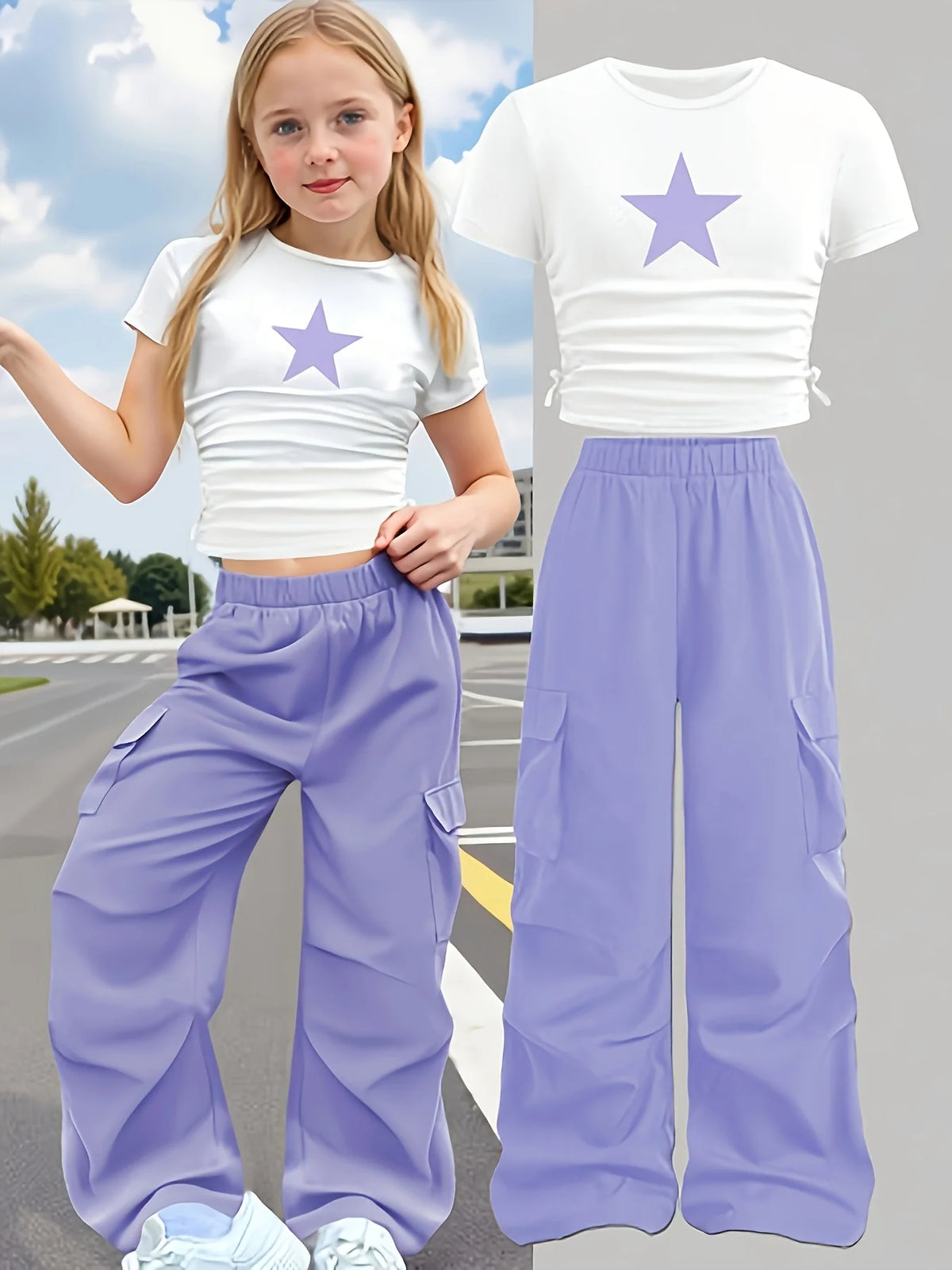 Nouvel ensemble d'été 2 pièces : T-shirt à manches courtes à col rond et coupe ajustée imprimé étoiles et pantalon large (Ensemble décontracté élégant pour filles)