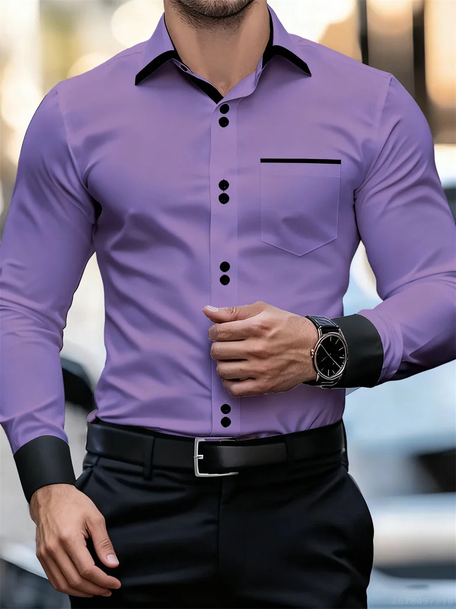 Chemise à manches longues à col bloc de couleur pour hommes d'affaires, coupe ajustée, sans plis, chemise Patchwork noir et blanc, haut tendance pour hommes