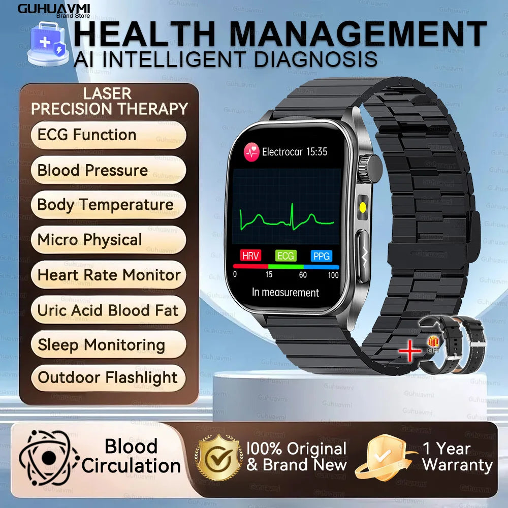 2025New 650nm Laser conditionnement verre saphir montre intelligente hommes ECG fréquence cardiaque Micro examen physique santé Smartwatch température