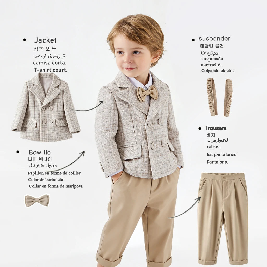 Ensemble de costume en tweed pour bébés garçons, style gentleman, pour mariage, cérémonie ou fête d'anniversaire, avec blazer croisé, pantalon kaki et nœud papillon