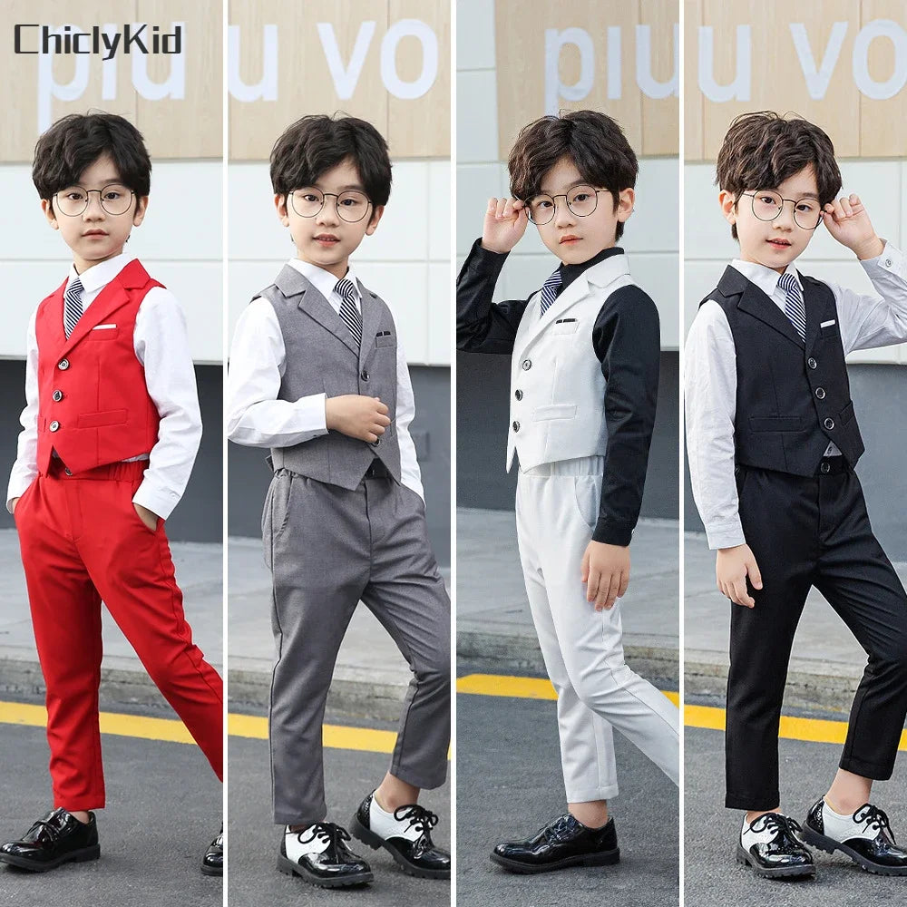 Garçon Plaid gilet Blazer enfants gilet vêtements de mariage ensemble enfant en bas âge robe formelle costume enfant broche chemise pantalon bébé messieurs tenue