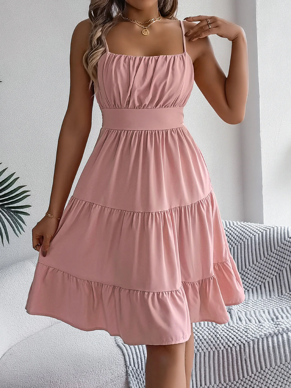 Robe décontractée à volants pour les vacances, collection Printemps-Été 2026, robes unies pour femme, Vêtements pour la Saint-Valentin, Rose et Bleu