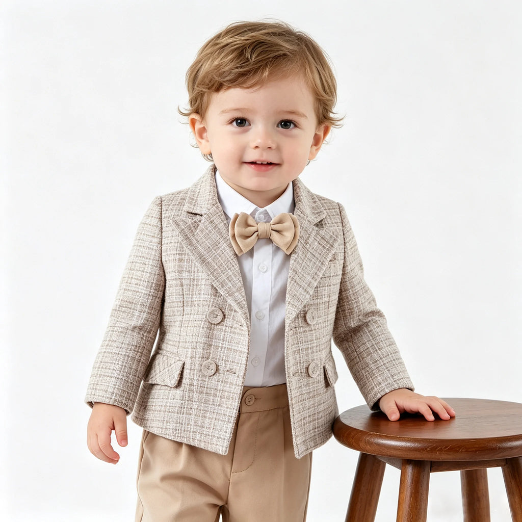 Ensemble de costume en tweed pour bébés garçons, style gentleman, pour mariage, cérémonie ou fête d'anniversaire, avec blazer croisé, pantalon kaki et nœud papillon