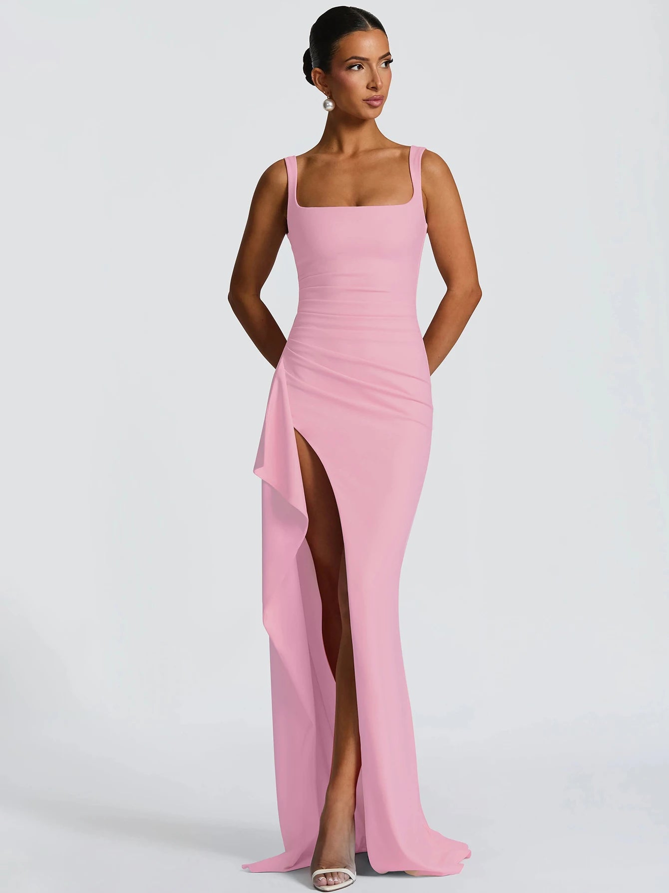 Hugcitar femmes élégant solide bretelles fente froncé Patchwork Sexy moulante Maxi robe tenues d'été soirée fête anniversaire Festival