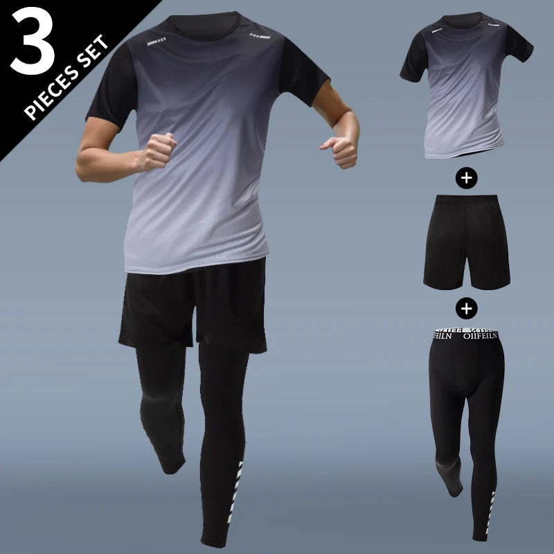 Combinaison de sport dégradée pour hommes, 3 pièces, séchage rapide, loisirs, sport, course à pied, manches courtes, pantalon de Protection solaire confortable, Short Joker