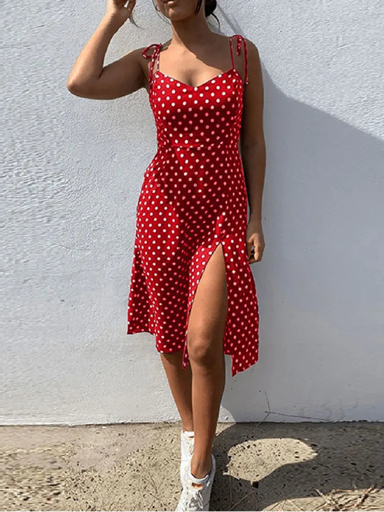 Robes robe d'été femmes casual à pois sans manches haute plissée taille élastique col en v robe De plage robes De Verano