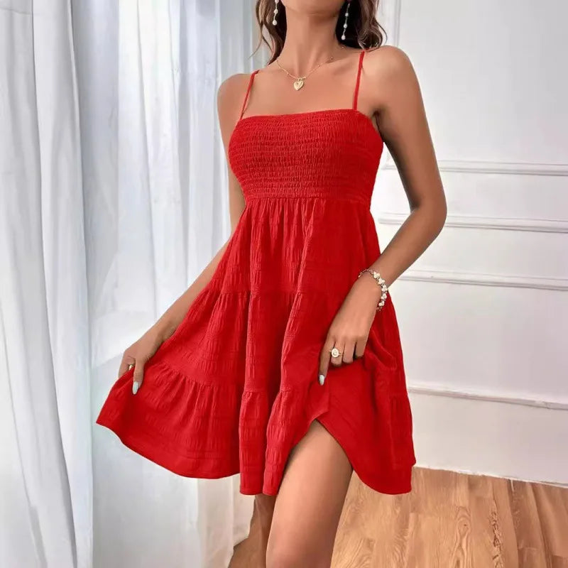 Mode femme Spaghetti sangle smocké Bustier Mini robe bleu à volants à plusieurs niveaux robe trapèze été décontracté vacances vêtements de plage