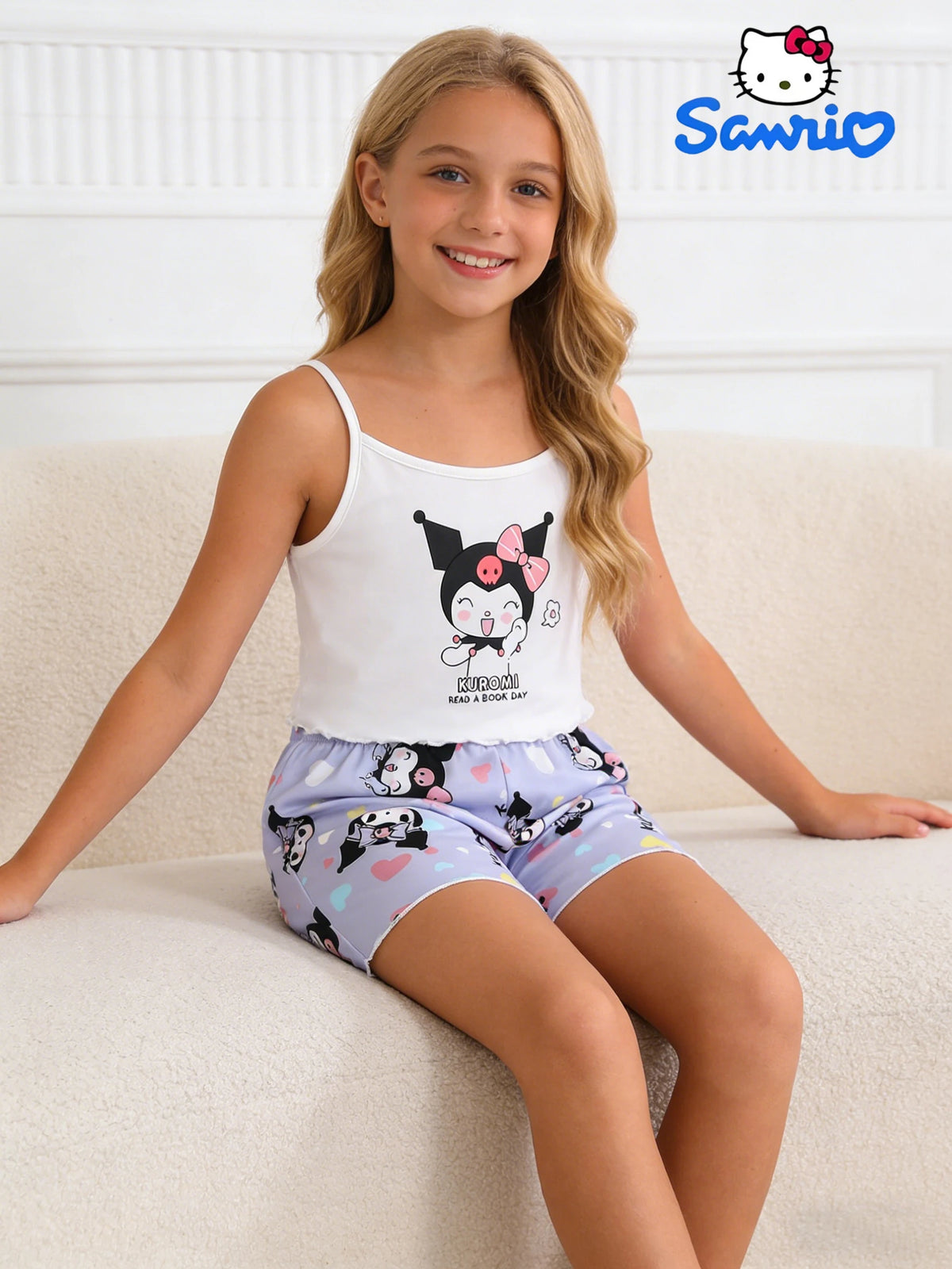 Ensemble short et débardeur Sanrio pour filles, édition été, ensemble deux pièces Kuromi, adapté aux vêtements d'été pour enfants à la maison