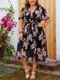 GIBSIE-Robe longue avec ceinture, grande taille, col surplis, manches papillon, imprimé floral, coupe trapèze, style bohème, nouvelle collection été 2024