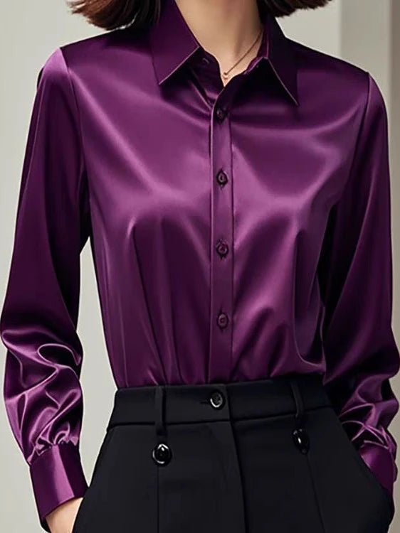 Chemise élégante en satin à manches longues pour femme, idéale pour le bureau, style coréen, coupe ample avec détails boutonnés