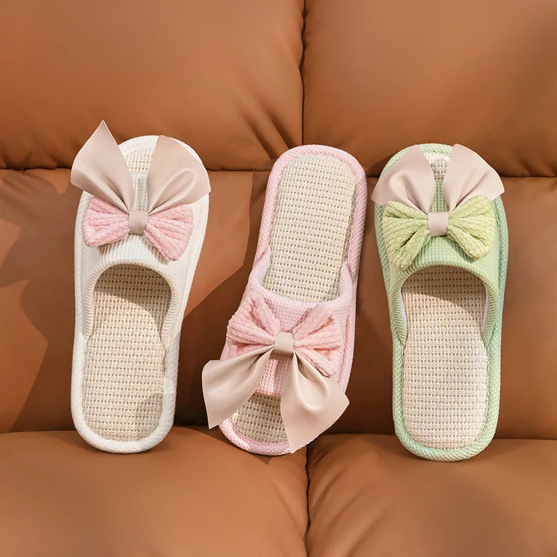 Chaussons d'été décontractés en lin pour femmes avec nœud multicolore fantaisie, antidérapants, à enfiler, pour la maison, pour filles, design simple et mignon