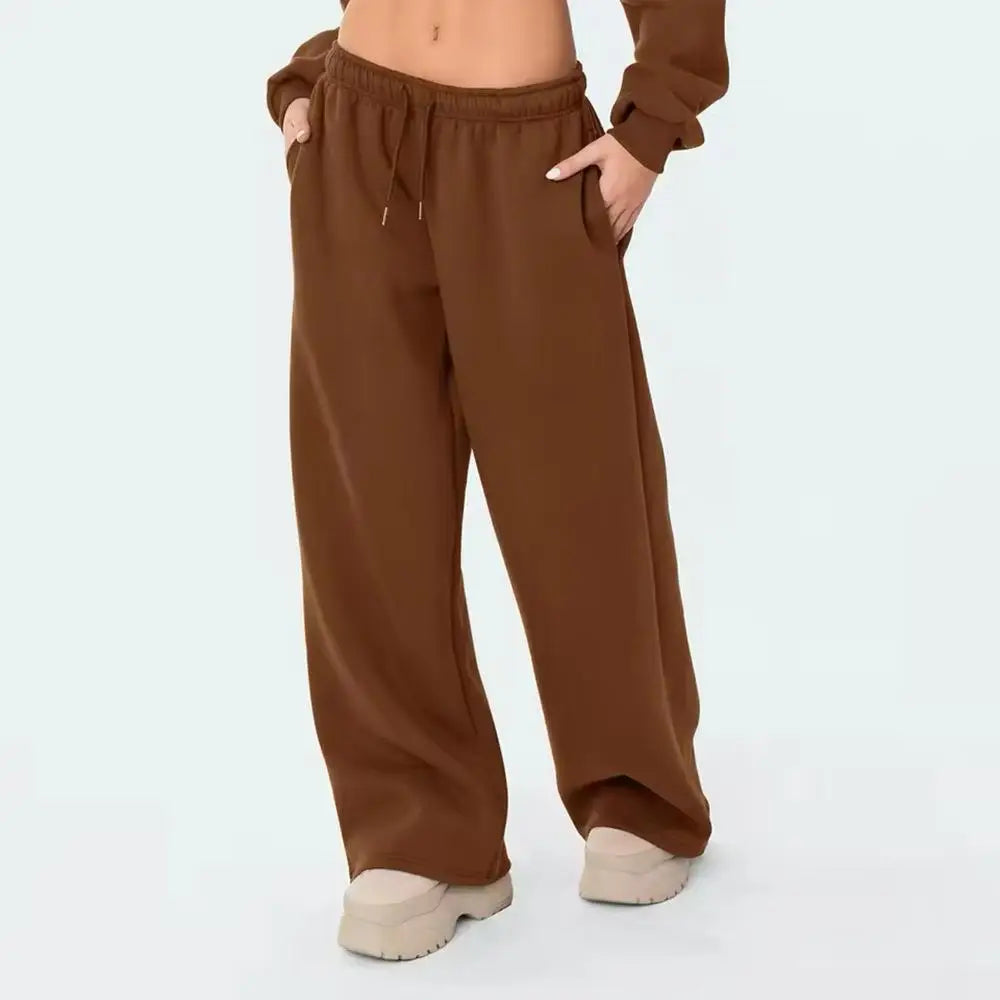 Pantalon de survêtement large à taille mi-haute avec cordon de serrage pour femme, pantalon long droit et ample avec poches latérales