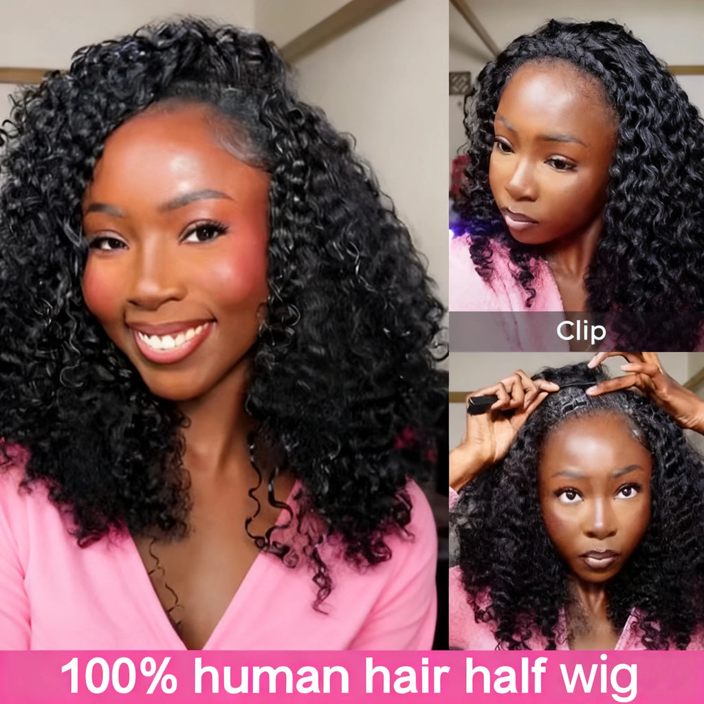 Perruque V-Part 250% Kinky Curly en Cheveux Humains, Sans Tissage apparent, Améliorée, Ondulations Profondes, Perruque Demi-Tête Sans Colle à Clipser pour Femmes