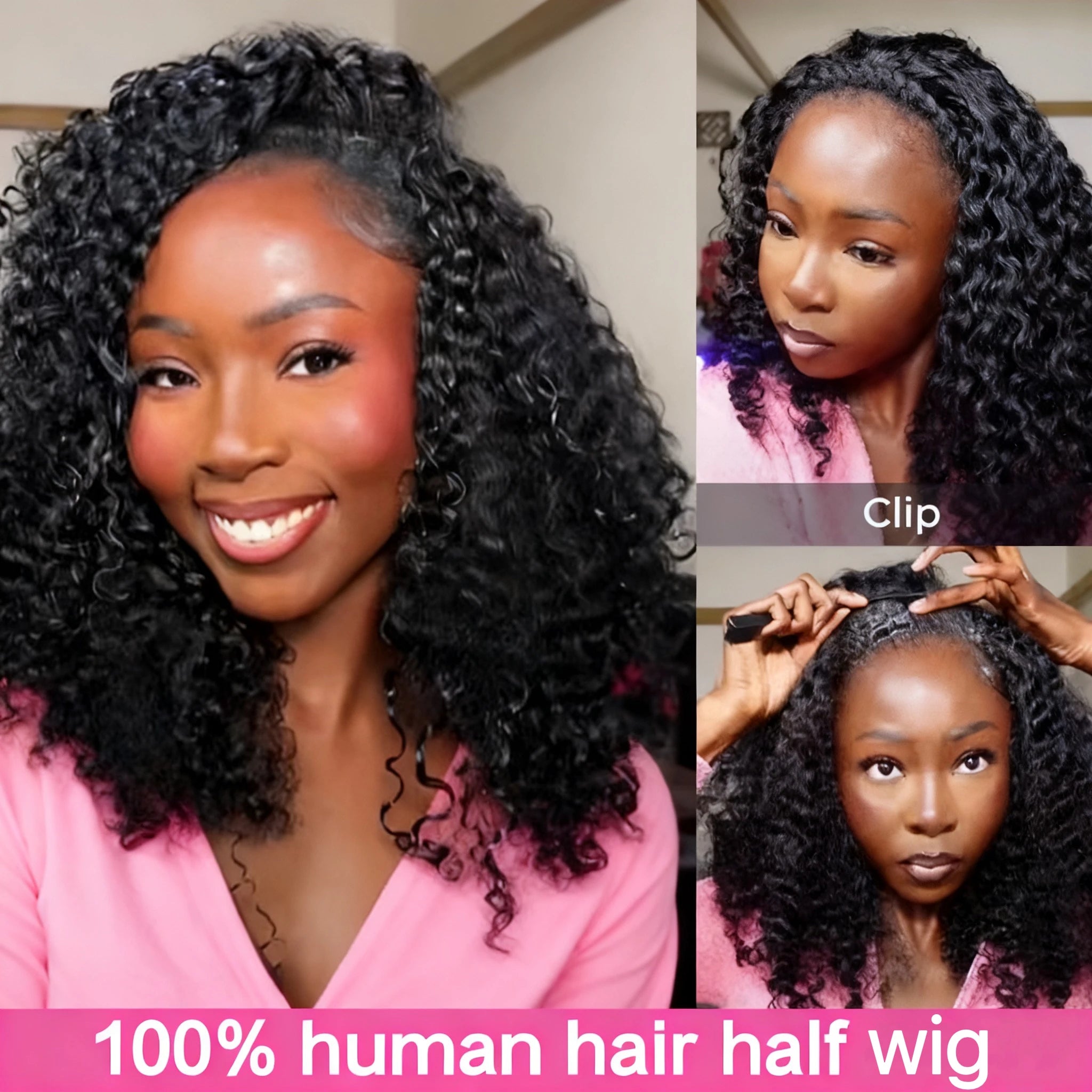 Perruque V-Part 250% Kinky Curly en Cheveux Humains, Sans Tissage apparent, Améliorée, Ondulations Profondes, Perruque Demi-Tête Sans Colle à Clipser pour Femmes