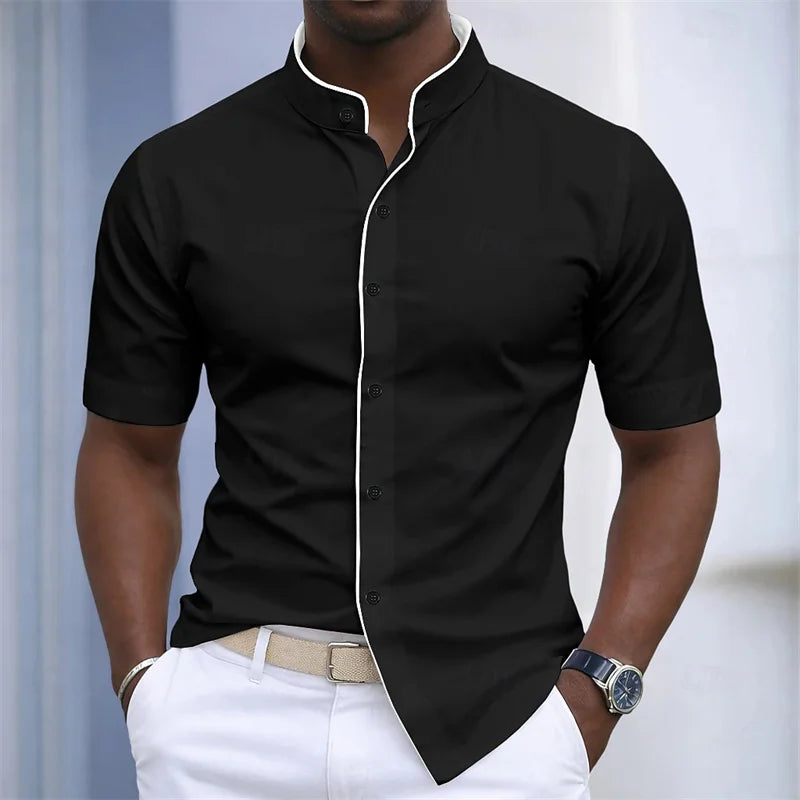 Chemise d'été pour homme à col montant et manches courtes, 20 couleurs, design color block tendance, coupe ajustée, chemise décontractée pour affaires, tailles XS-6XL