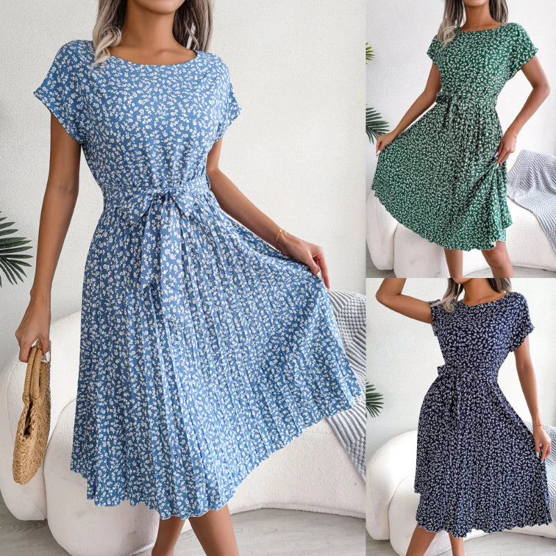 Gaun Berlipat Floral Wanita Midi Perban, Ruched Lengan, Pendek Leher-o Kasual Musim, Boho Chic A Line Pantai Wanita