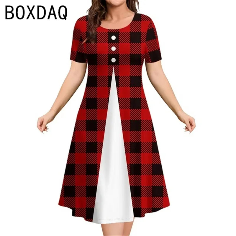 Robe Vintage à Carreaux Imprimés Noirs et Blancs pour Femme, Manches Courtes, Col Rond, Trapèze, Grande Taille 3XL, Élégante, Éducative, Été