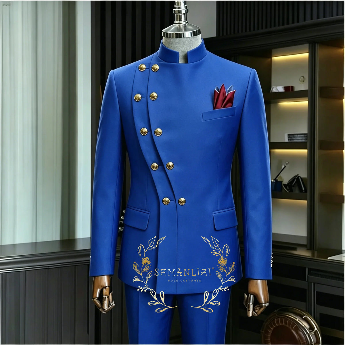 Costume de Mariage Homme Bleu Marine Croisé à Double Boutonnage Col Montant – 2 Pièces (Blazer + Pantalon) – Idéal pour le Marié ou le Garçon d'Honneur