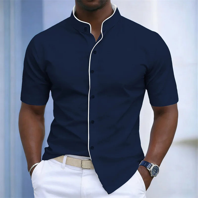 Chemise d'été pour homme à col montant et manches courtes, 20 couleurs, design color block tendance, coupe ajustée, chemise décontractée pour affaires, tailles XS-6XL