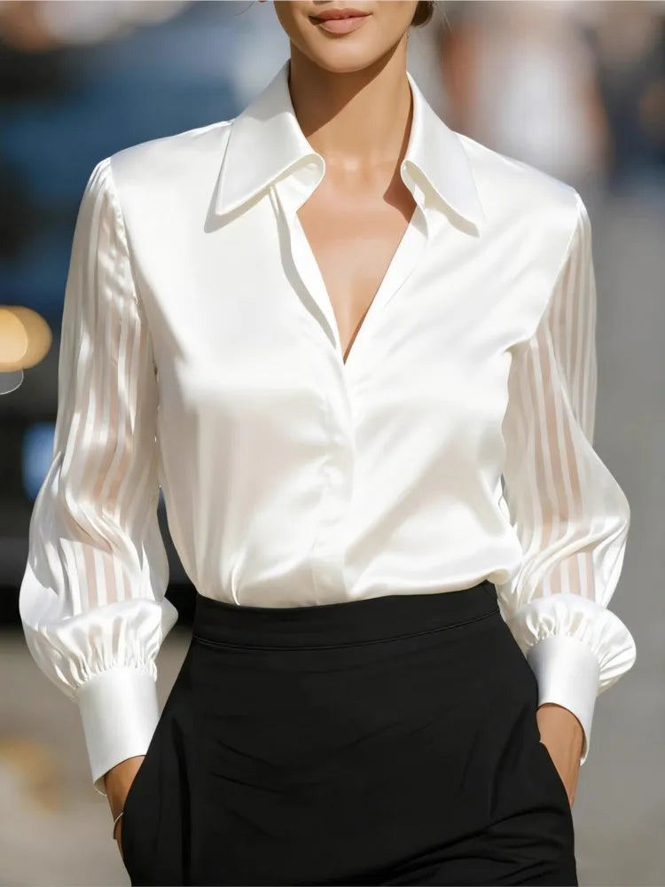 Haut de transport de tempérament pour femmes, nouvelle chemise Simple à manches longues, couleur unie, polyvalente, ample, revers en Satin, printemps et automne