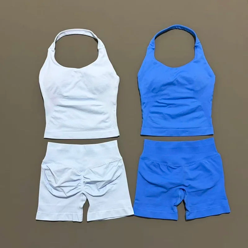 Ensemble de sport 2 pièces pour femme : débardeur long à bretelles rembourré et short de sport sans couture pour le yoga, le fitness et la course à pied