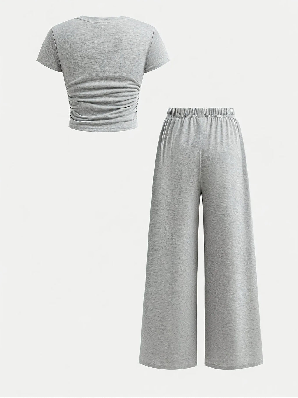 Ensemble tendance 2 pièces gris pour filles, t-shirt court froncé minimaliste avec logo 89 et pantalon ample à jambes larges pour le streetwear et le quotidien