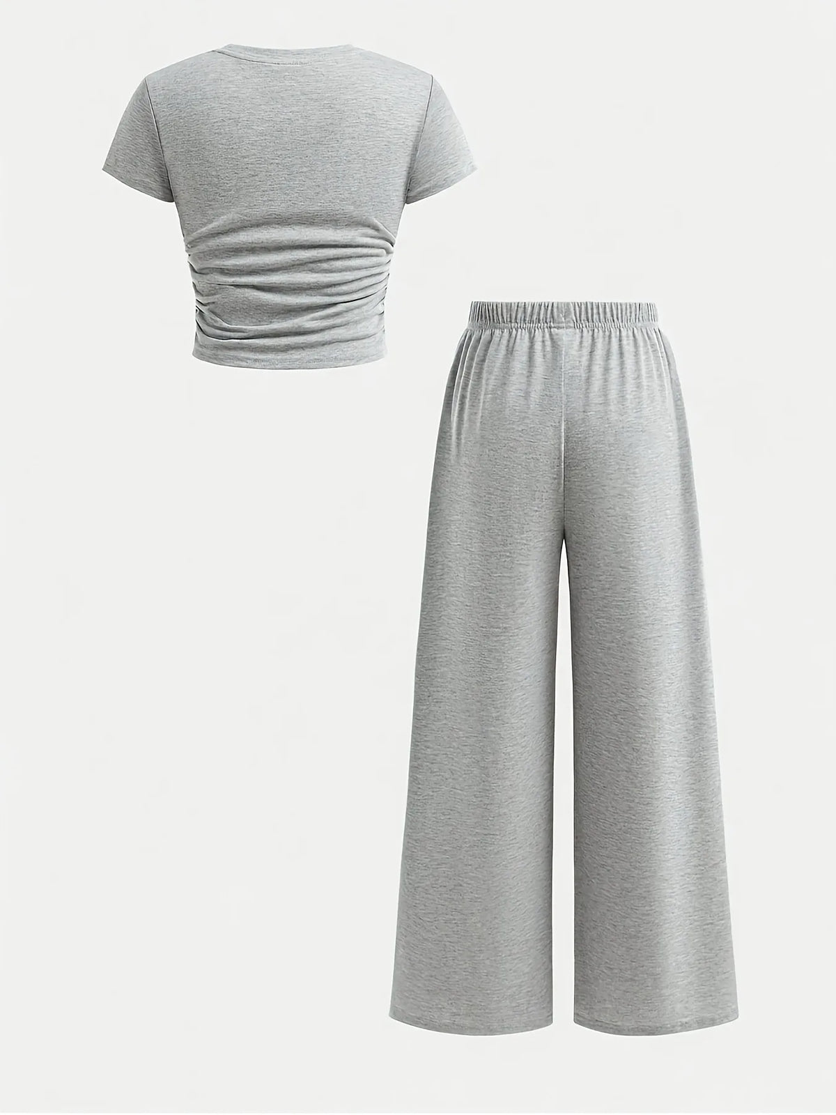 Ensemble tendance 2 pièces gris pour filles, t-shirt court froncé minimaliste avec logo 89 et pantalon ample à jambes larges pour le streetwear et le quotidien