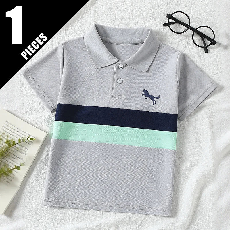 Ensemble de 1/2/3 pièces pour enfants, POLO rayé multicolore à manches courtes, haut décontracté à col boutonné pour garçon, T-shirt de sport polyvalent