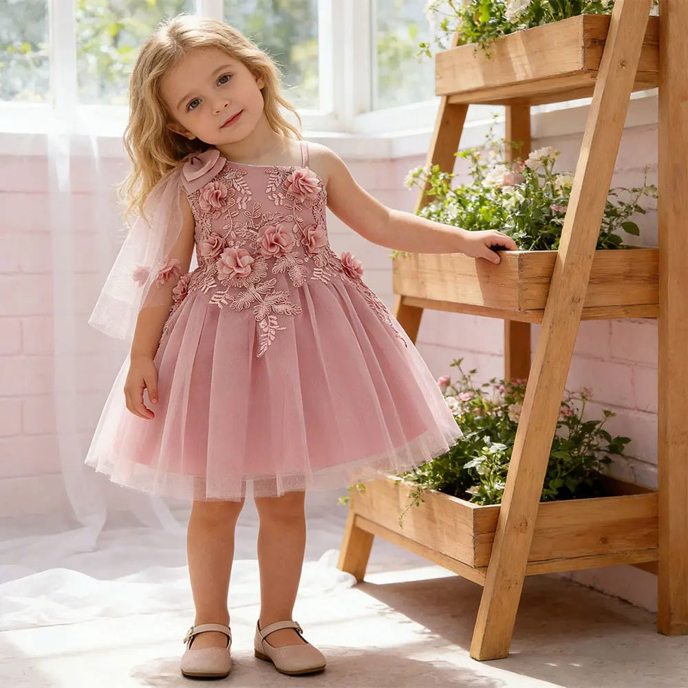 Robe de princesse florale pour petite fille, broderie en dentelle, robe de bal en tulle simple, 1-3 ans, robe de soirée pour anniversaire ou mariage