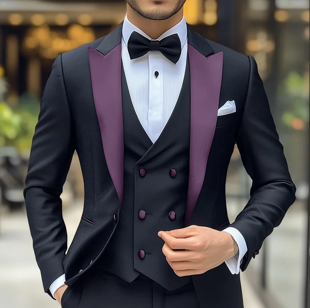 Costume 3 pièces de smoking de mariage pour marié, costume noir pour hommes, veste, pantalon, gilet formel, Blazer à revers, tenue cintrée