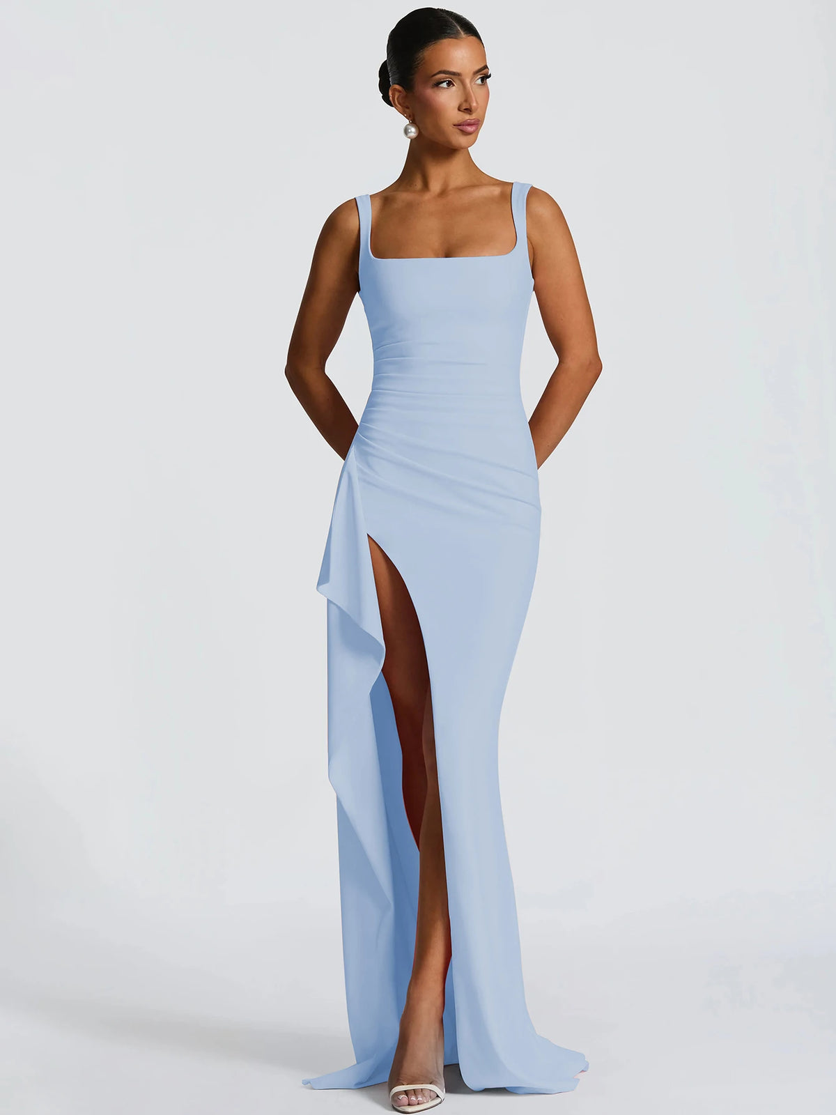 Hugcitar femmes élégant solide bretelles fente froncé Patchwork Sexy moulante Maxi robe tenues d'été soirée fête anniversaire Festival