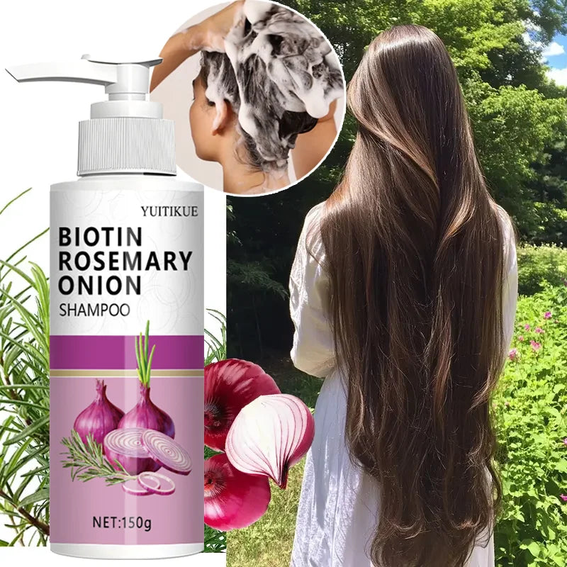 Shampoing à l'oignon au romarin et à la biotine, renforce les racines des cheveux, hydrate et épaissit les soins capillaires
