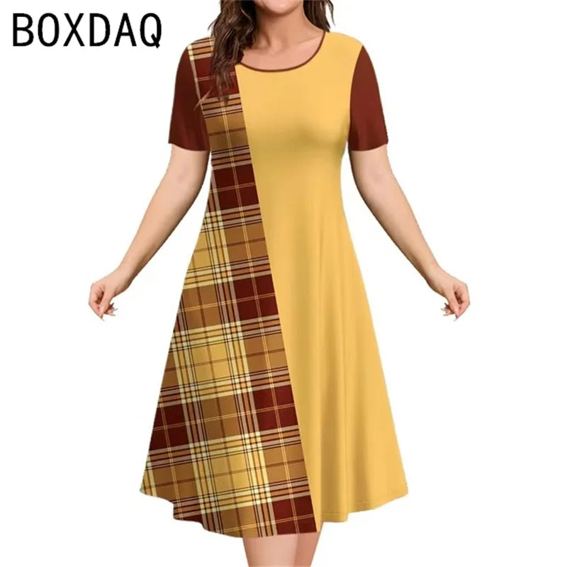 Robe Vintage à Carreaux Imprimés Noirs et Blancs pour Femme, Manches Courtes, Col Rond, Trapèze, Grande Taille 3XL, Élégante, Éducative, Été