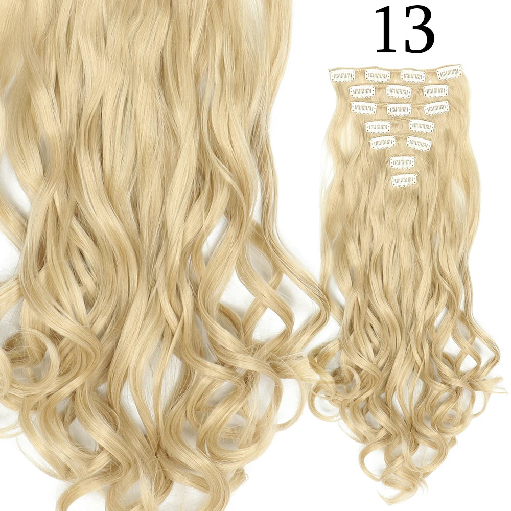 Extensions de Cheveux Synthétiques Longs et Lisses, Postiches Blondes Noires, Degré de Chaleur, Faux Cheveux, 24 Pouces, 16 Clips