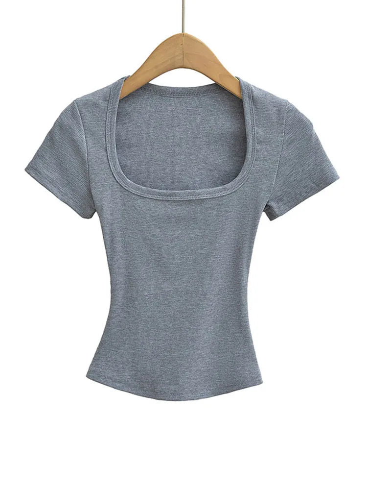 Col carré haute Stretch été culture hauts femmes à manches courtes hauts Sexy pull sommets Blouses mince T-shirt