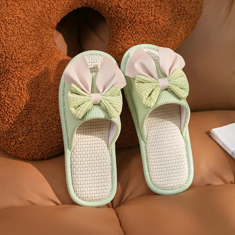 Chaussons d'été décontractés en lin pour femmes avec nœud multicolore fantaisie, antidérapants, à enfiler, pour la maison, pour filles, design simple et mignon