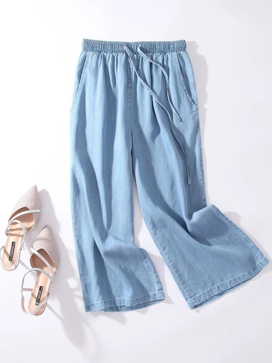 Jean d'été taille haute en soie glacée élastique, coupe droite, jambe large, pantalon ample pour femme, grandes tailles