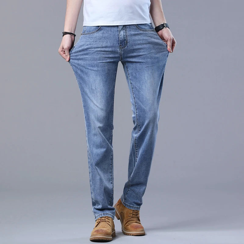 Printemps hommes bleu clair jean mince élégant décontracté tissu extensible Denim pantalon classique pantalon fumée gris