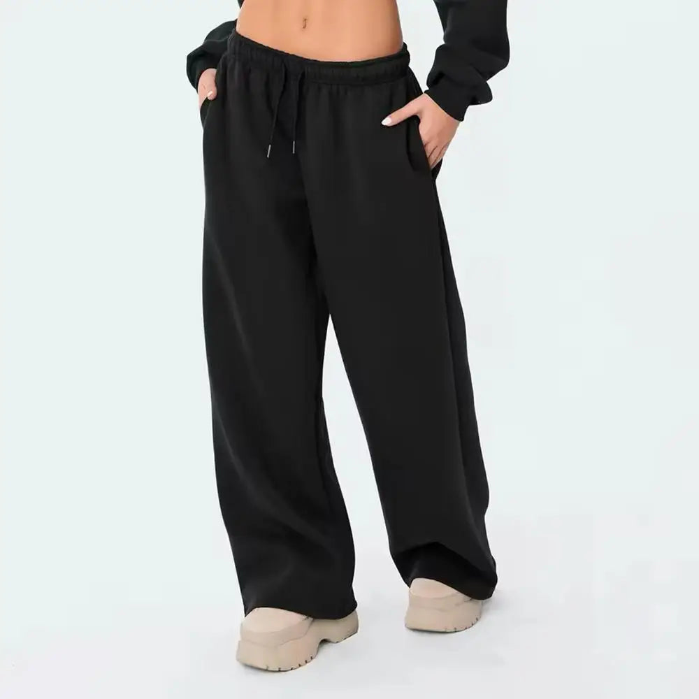 Pantalon de survêtement large à taille mi-haute avec cordon de serrage pour femme, pantalon long droit et ample avec poches latérales