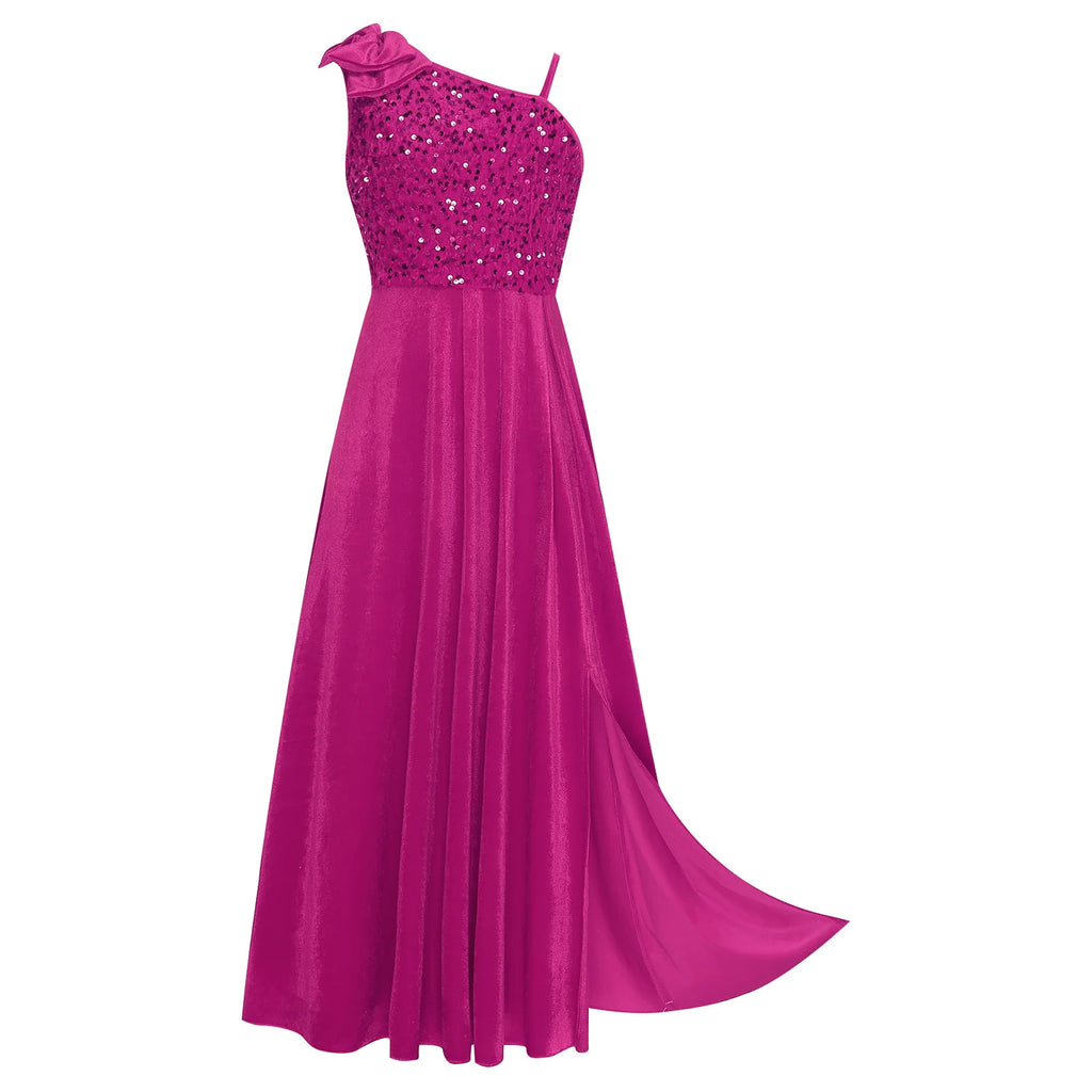Robe de Demoiselle d'Honneur Junior Élégante pour Filles, Robe de Fille d'Honneur à Une Épaule Fendue avec Fleur pour Mariage, Fête, Costume Festif, Robes pour Enfants