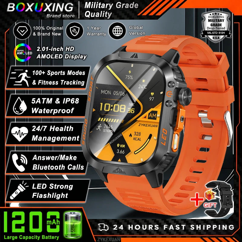 Nouvelle montre connectée militaire 2026 pour hommes, batterie 1200 mAh, étanche 5ATM, suivi d'activité, santé, fréquence cardiaque, compatible iOS et Android