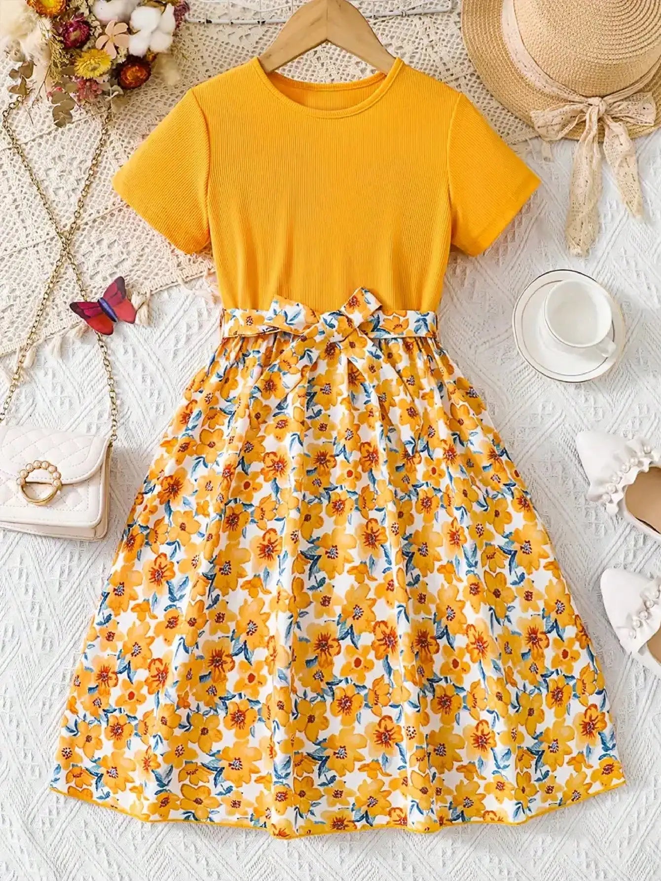Robe décontractée à manches courtes pour fille, motif floral patchwork, couleur unie, col rond, cadeau d'été