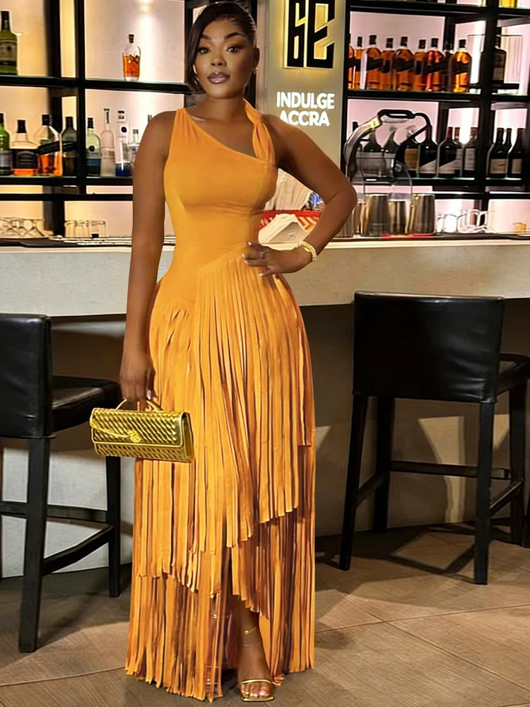 Robe longue asymétrique rouge à franges Kricessen pour femme – Luxe, sans manches, idéale pour les soirées, clubs et sorties nocturnes