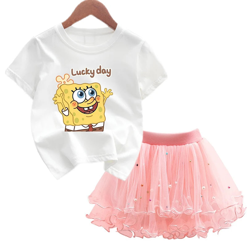 Robe Bob l'éponge pour filles, vêtements d'anniversaire pour enfants, robe de princesse de fête, T-shirt + jupe Tutu, cadeau de soirée d'été, 2 pièces/ensemble