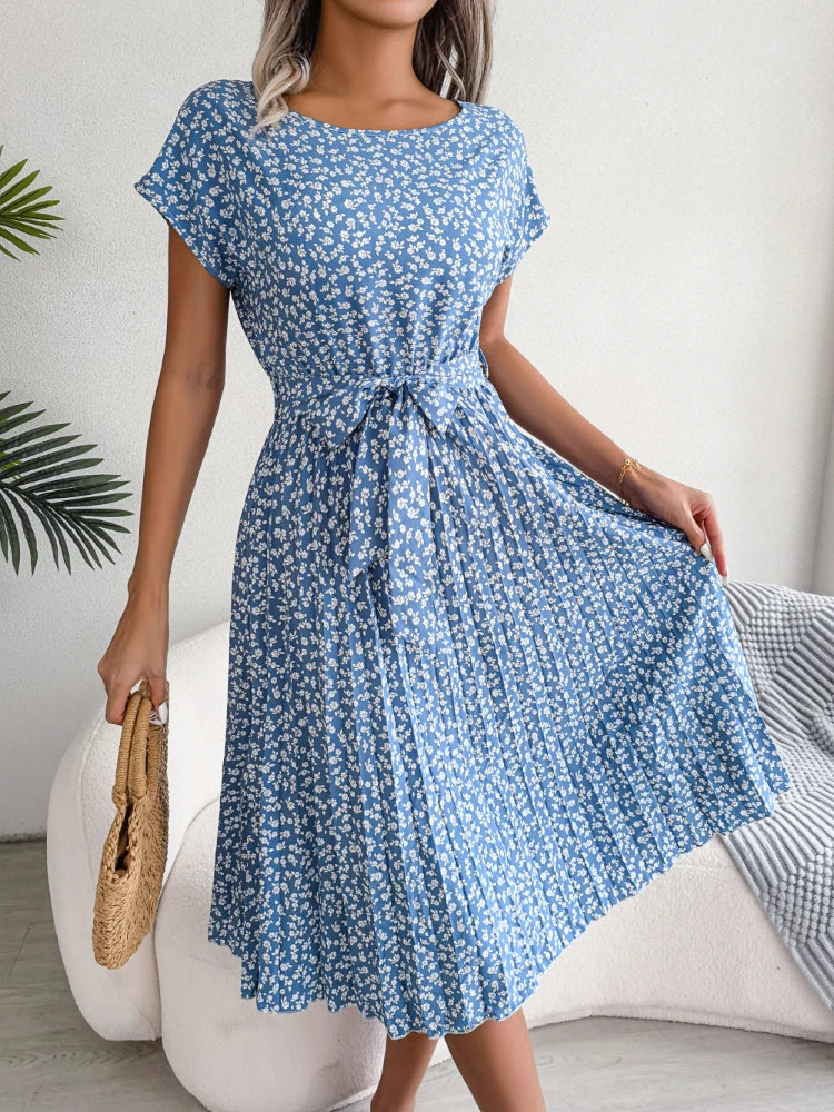 Gaun Berlipat Floral Wanita Midi Perban, Ruched Lengan, Pendek Leher-o Kasual Musim, Boho Chic A Line Pantai Wanita