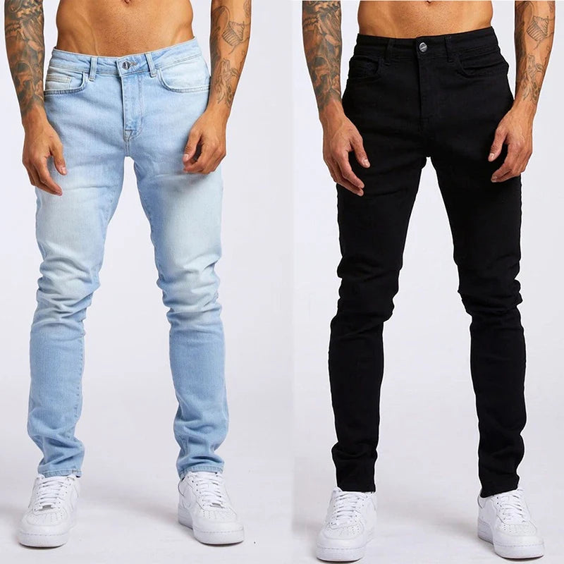 Jeans pour hommes élastique maigre couleur unie Stretch crayon pantalon coupe ajustée Denim jean Jogging Streetwear Cowboy pantalon décontracté noir