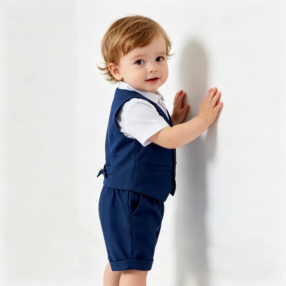 Costume formel bleu marine 4 pièces pour bébé garçon, tenue de gentleman pour tout-petit, vêtements pour baptême, mariage, fête d'anniversaire, pour 6 mois à 4 ans