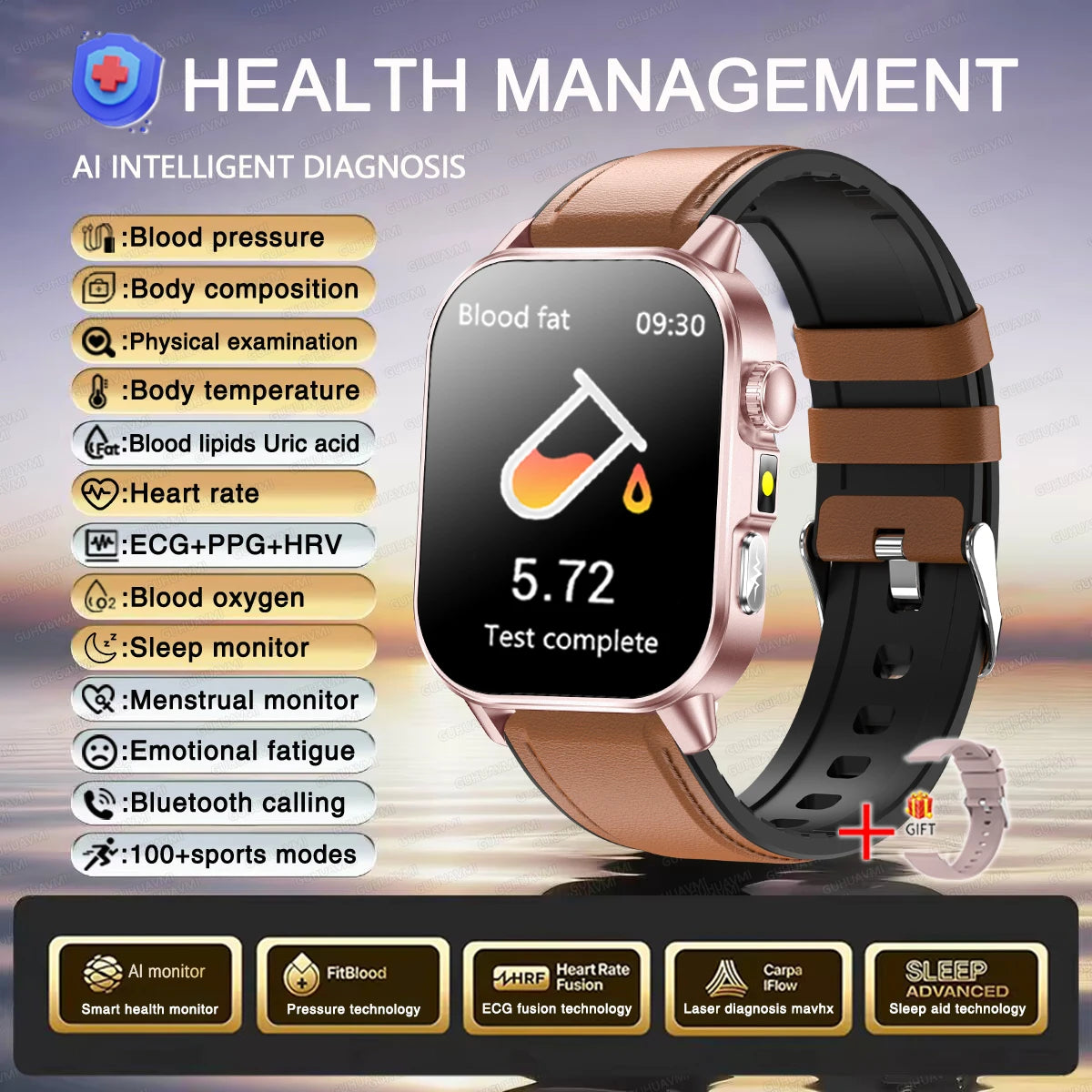 Montre connectée intelligente 2026 pour la santé des femmes, diagnostic précis, ECG+HRV, tension artérielle, oxygène sanguin, acide urique, fréquence cardiaque, appels Bluetooth